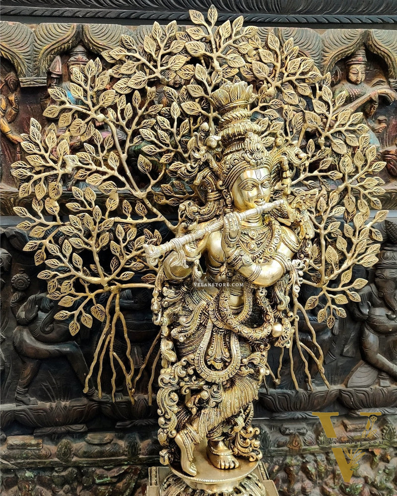 Krishna with Kalpavriksha Tree Superfine Brass Idol - 35"