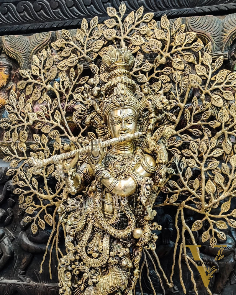 Krishna with Kalpavriksha Tree Superfine Brass Idol - 35"