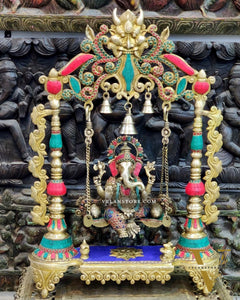 Kritimukha Brass Ganesha on swing with inlay stonework