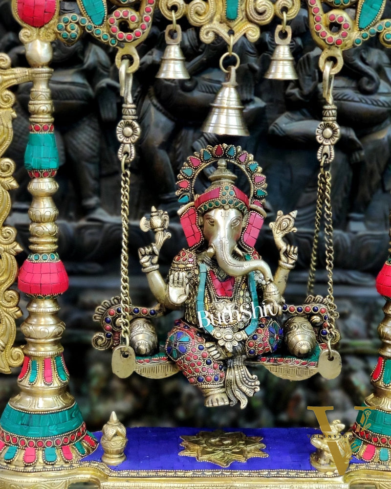 Kritimukha Brass Ganesha on swing with inlay stonework