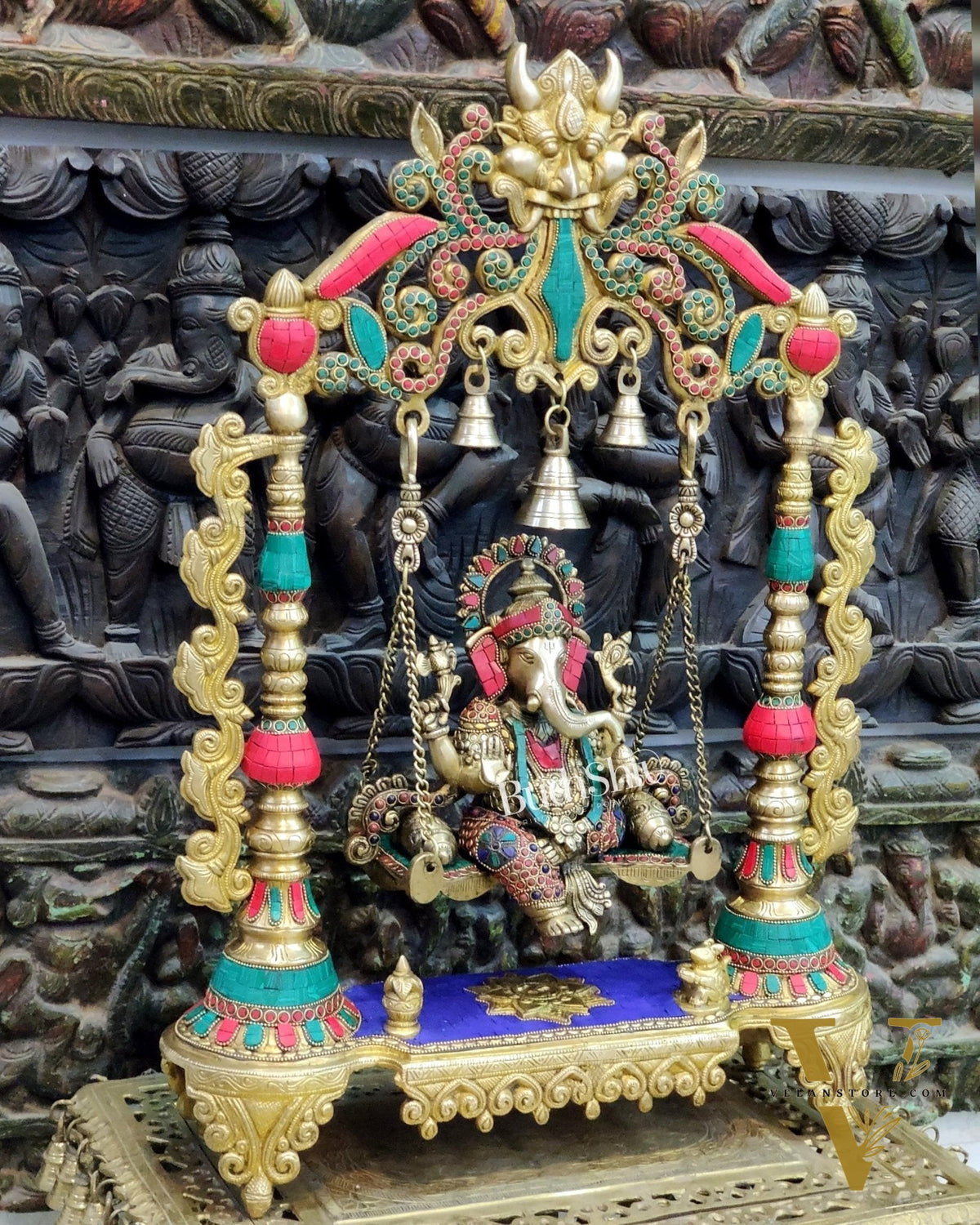 Kritimukha Brass Ganesha on swing with inlay stonework