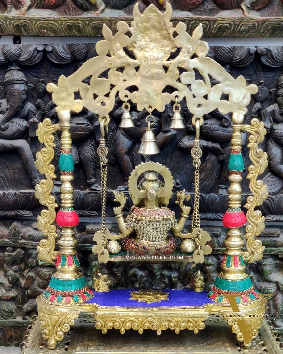 Kritimukha Brass Ganesha on swing with inlay stonework
