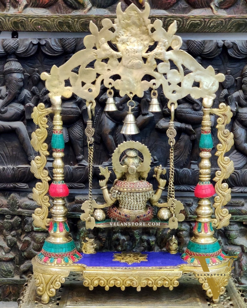 Kritimukha Brass Ganesha on swing with inlay stonework