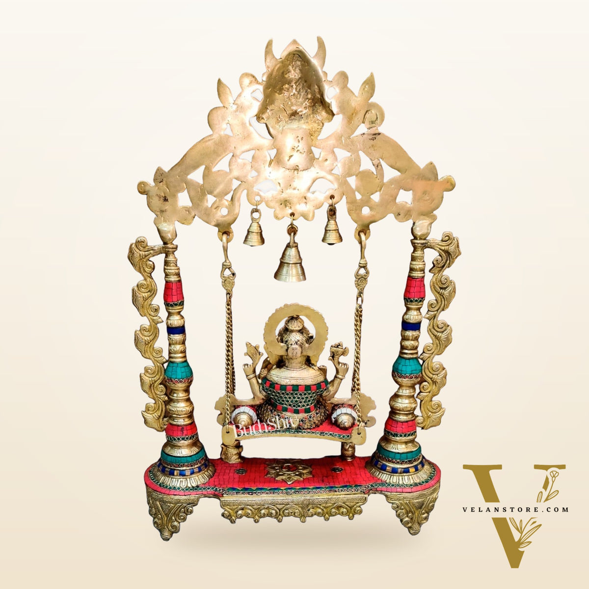 Kritimukha Brass Ganesha on swing with inlay stonework