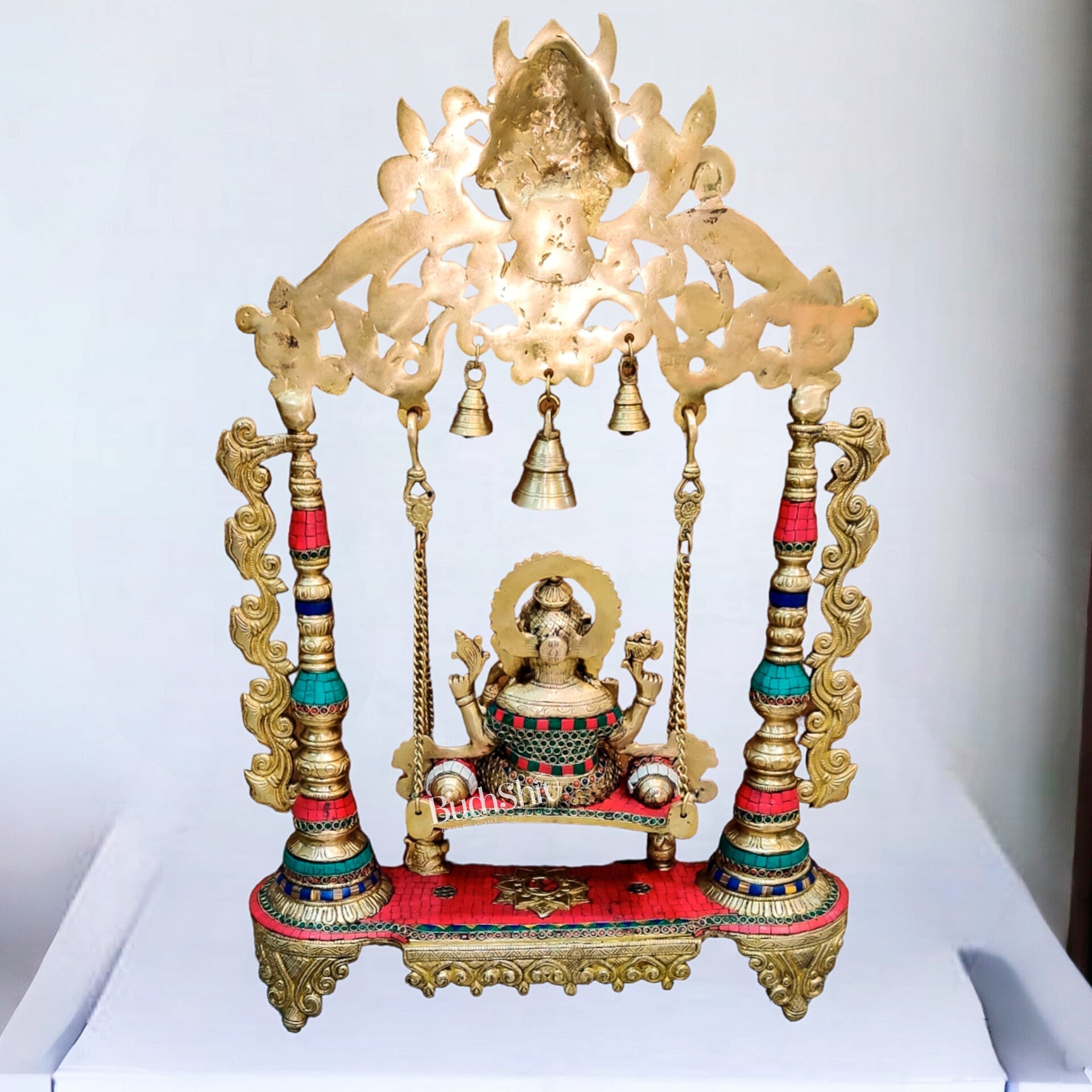 Kritimukha Brass Ganesha on swing with inlay stonework