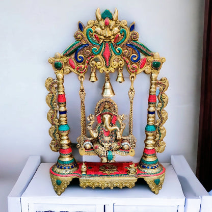 Kritimukha Brass Ganesha on swing with inlay stonework