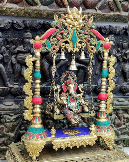 Kritimukha Brass Ganesha on swing with inlay stonework