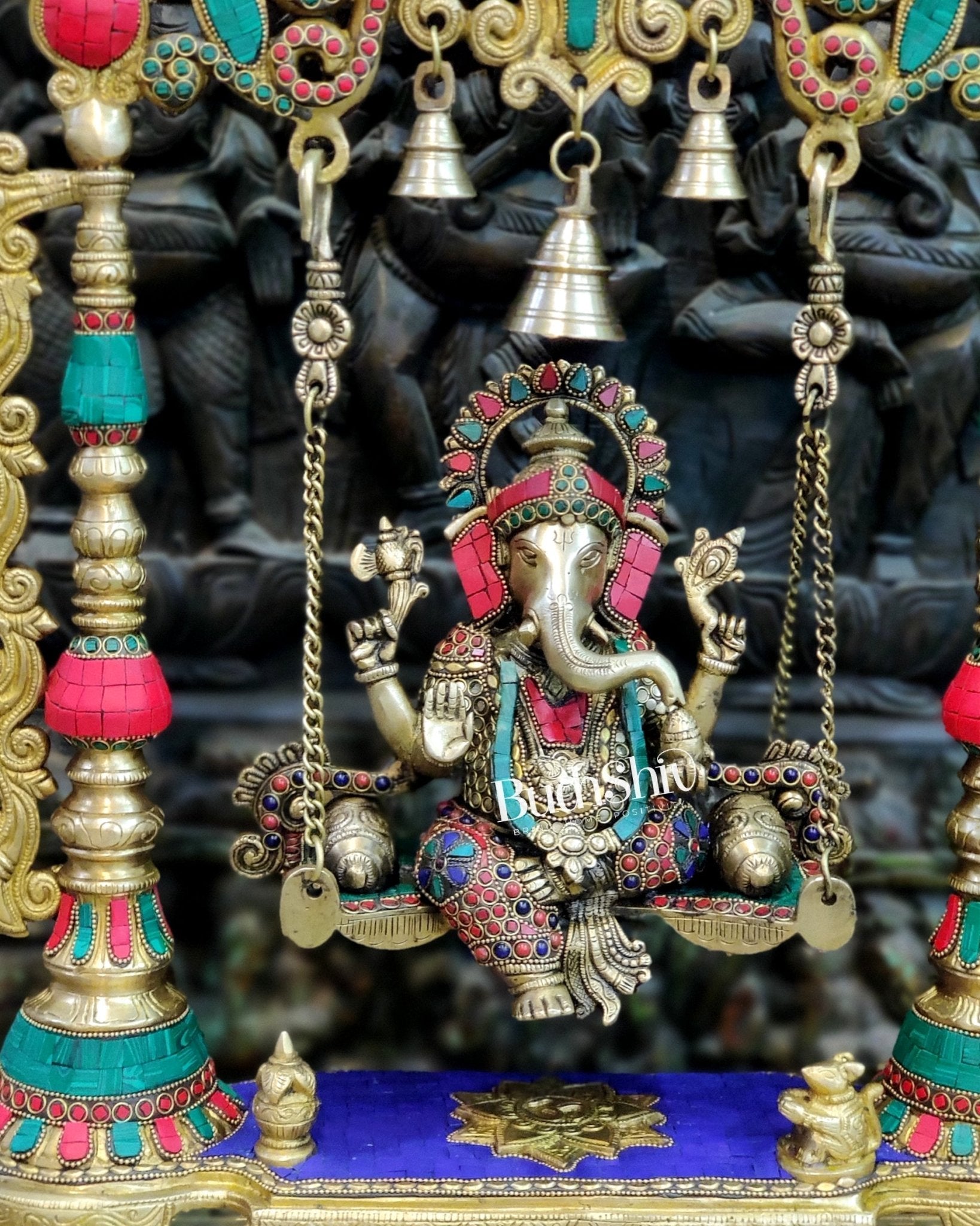Kritimukha Brass Ganesha on swing with inlay stonework