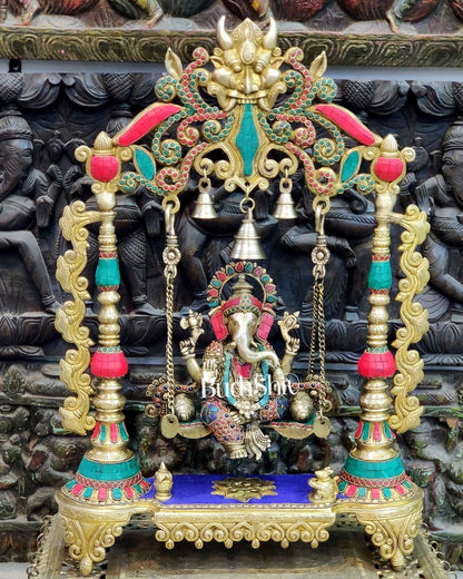 Kritimukha Brass Ganesha on swing with inlay stonework
