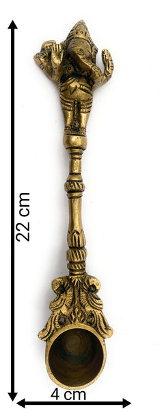 Brass Ganesh Theertha Spoon, Peetal Pital Temple Pooja Ladle, Ganesha Aarti Havan Spoon, Vinayaka Pittal Abhishekam Idol,Gold, 9 Inch, 1 Piece