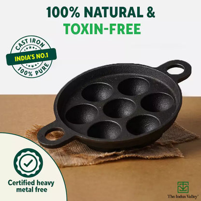 Super Smooth 7 Pit/Cup Cast Iron Paniyaram/Appe Pan+ Free Spatula, Pre-seasoned, Natural Nonstick, 100% Pure, Toxin-free, 18.9cm, 2.26 kg