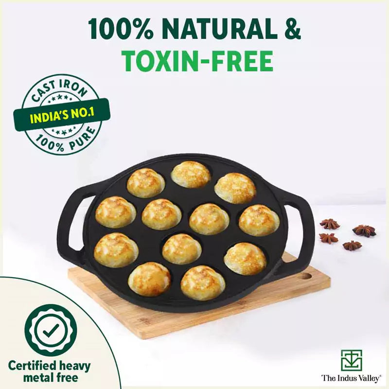 12 Pit/Cup CASTrong Cast Iron Kuzhi Paniyaram/Paddu Pan/Appe Maker, Pre-seasoned, 100% Pure, Toxin-free, Free Spatula, 21 cm, 2.2 kg