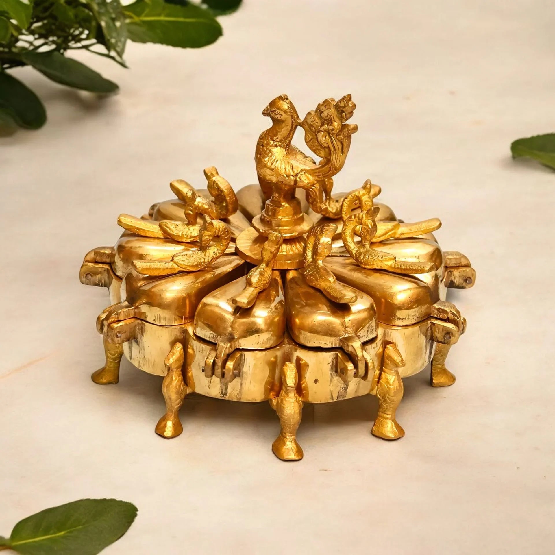 Pure Brass 9-Compartment Peacock Kumkum Box