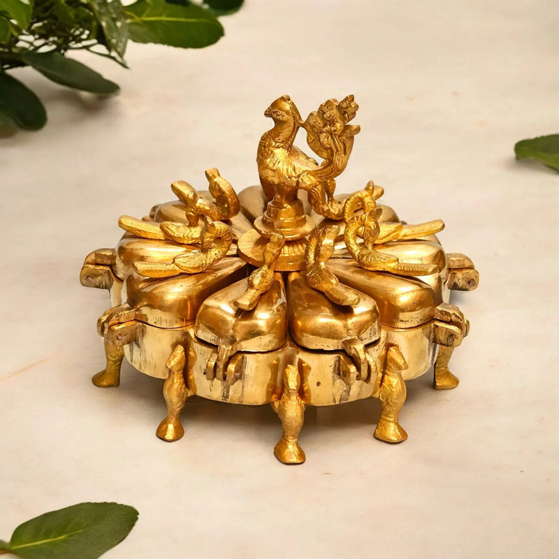 Pure Brass 9-Compartment Peacock Kumkum Box
