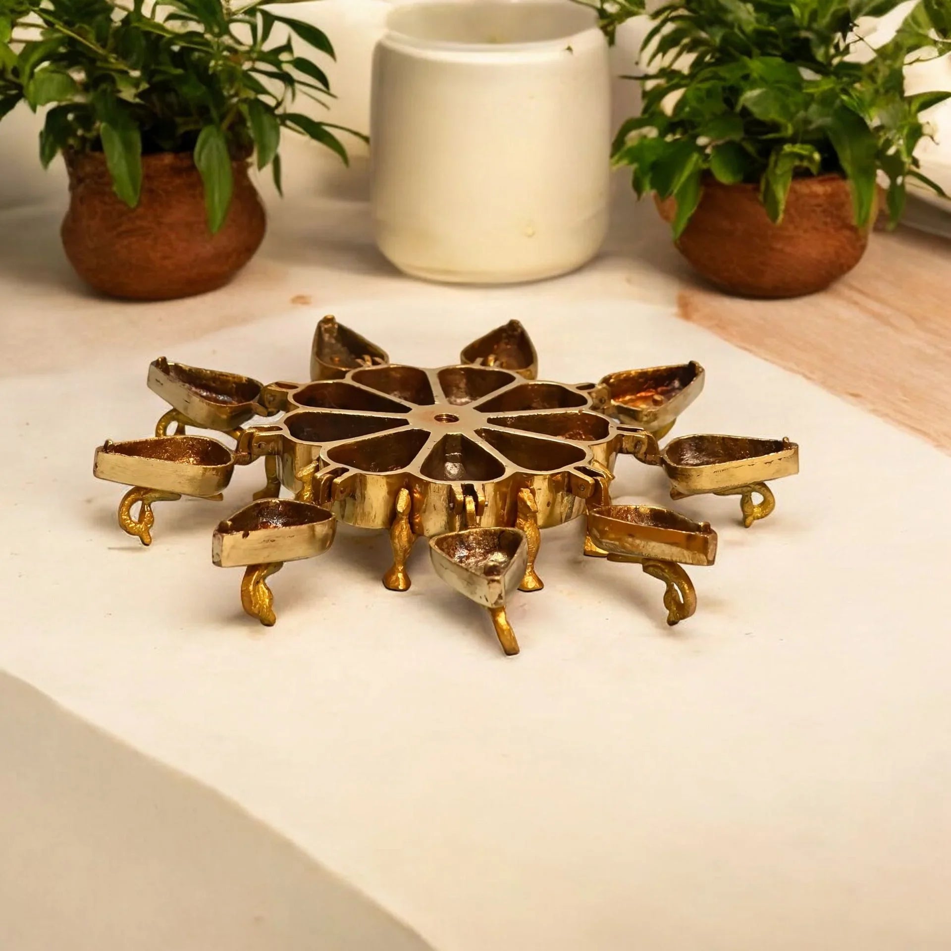 Pure Brass 9-Compartment Peacock Kumkum Box