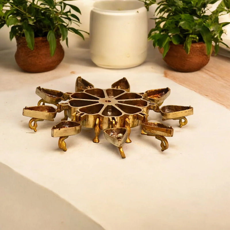 Pure Brass 9-Compartment Peacock Kumkum Box