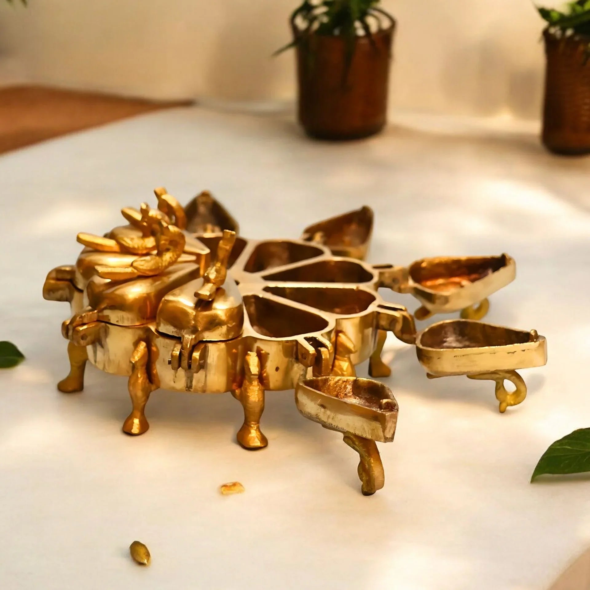 Pure Brass 9-Compartment Peacock Kumkum Box