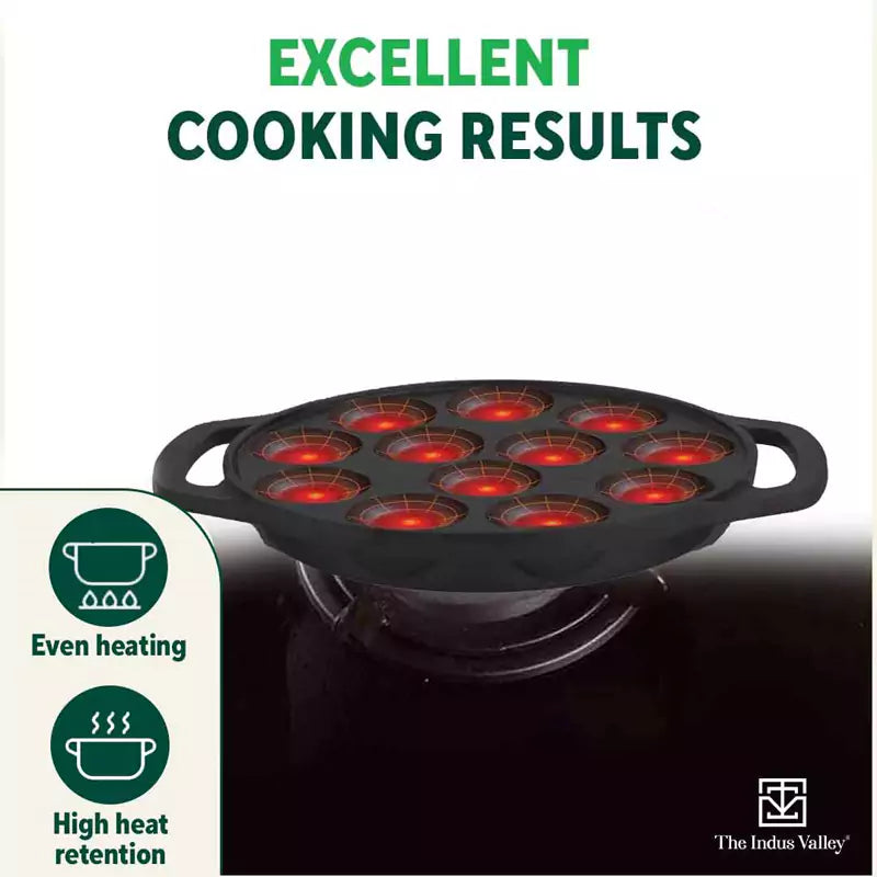 12 Pit/Cup CASTrong Cast Iron Kuzhi Paniyaram/Paddu Pan/Appe Maker, Pre-seasoned, 100% Pure, Toxin-free, Free Spatula, 21 cm, 2.2 kg