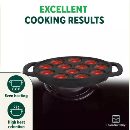 12 Pit/Cup CASTrong Cast Iron Kuzhi Paniyaram/Paddu Pan/Appe Maker, Pre-seasoned, 100% Pure, Toxin-free, Free Spatula, 21 cm, 2.2 kg