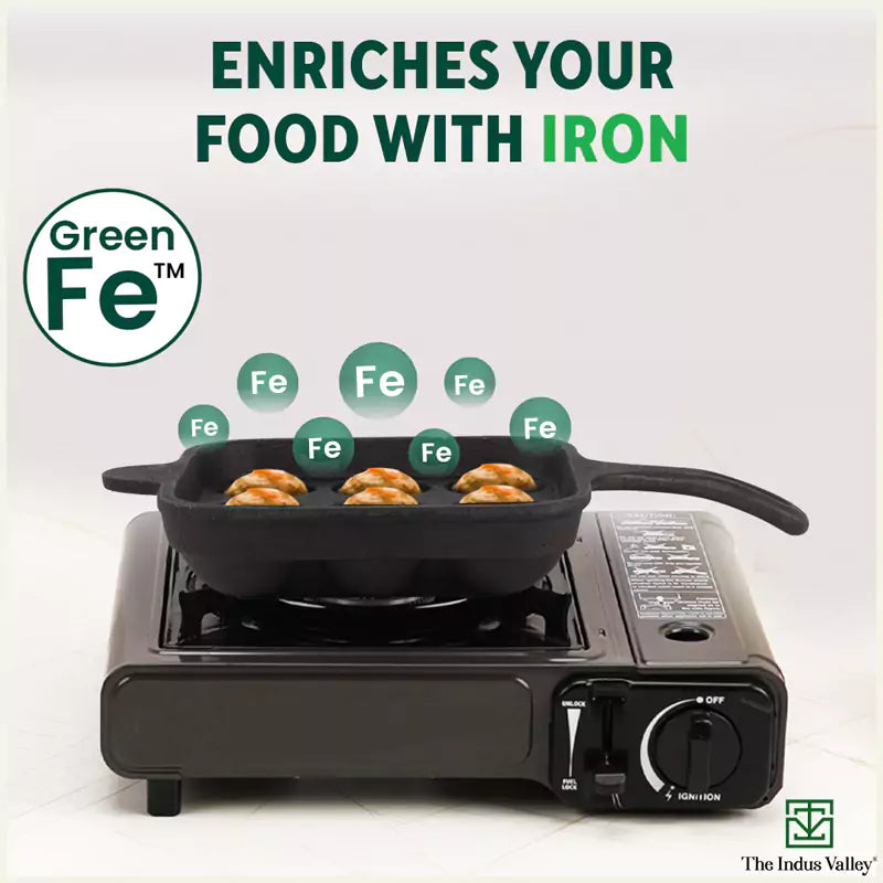 9 Pit/Cup CASTrong Cast Iron Paniyaram/Appe pan+ Free Spatula, Square, Long handle, Pre-seasoned, Nonstick, 100% Pure, Toxin-free, 18.5cm, 2.4kg