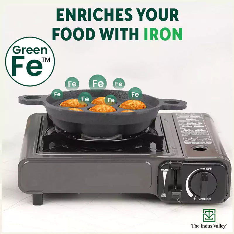 Super Smooth 7 Pit/Cup Cast Iron Paniyaram/Appe Pan+ Free Spatula, Pre-seasoned, Natural Nonstick, 100% Pure, Toxin-free, 18.9cm, 2.26 kg