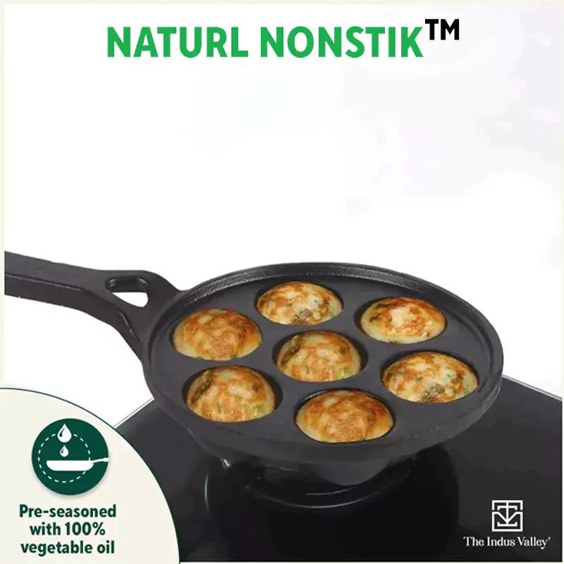 7 Pit/Cup CASTrong Cast Iron Paniyaram/Appe Pan+ Glass Lid, Pre-seasoned, Nonstick, 100% Pure, Toxin-free, 21 cm, 1.9 kg