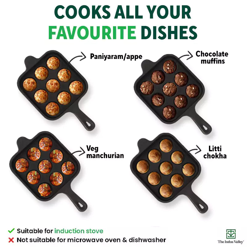 9 Pit/Cup CASTrong Cast Iron Paniyaram/Appe pan+ Free Spatula, Square, Long handle, Pre-seasoned, Nonstick, 100% Pure, Toxin-free, 18.5cm, 2.4kg