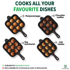 9 Pit/Cup CASTrong Cast Iron Paniyaram/Appe pan+ Free Spatula, Square, Long handle, Pre-seasoned, Nonstick, 100% Pure, Toxin-free, 18.5cm, 2.4kg