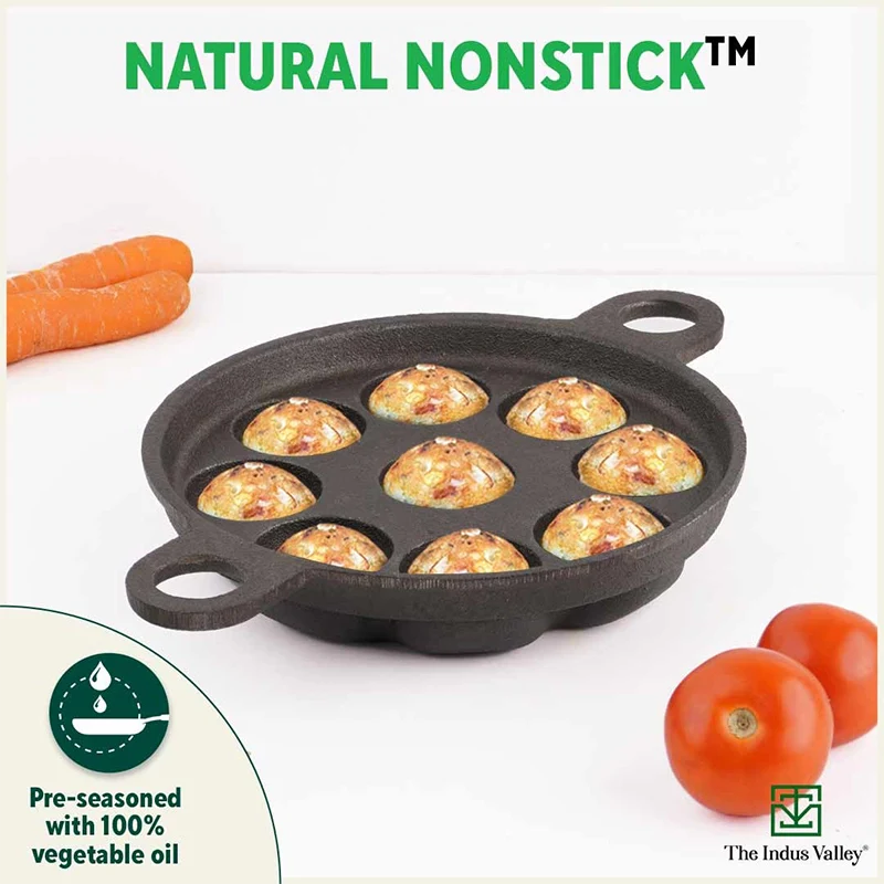 Super Smooth 9 Pit/Cup Cast Iron Paniyaram/Appe Pan+ Free Spatula, Pre-seasoned, Natural Nonstick, 100% Pure, Toxin-free, 20.7 cm, 2.8kg