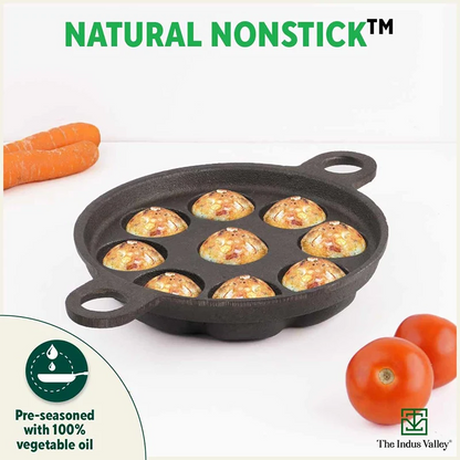 Super Smooth 9 Pit/Cup Cast Iron Paniyaram/Appe Pan+ Free Spatula, Pre-seasoned, Natural Nonstick, 100% Pure, Toxin-free, 20.7 cm, 2.8kg