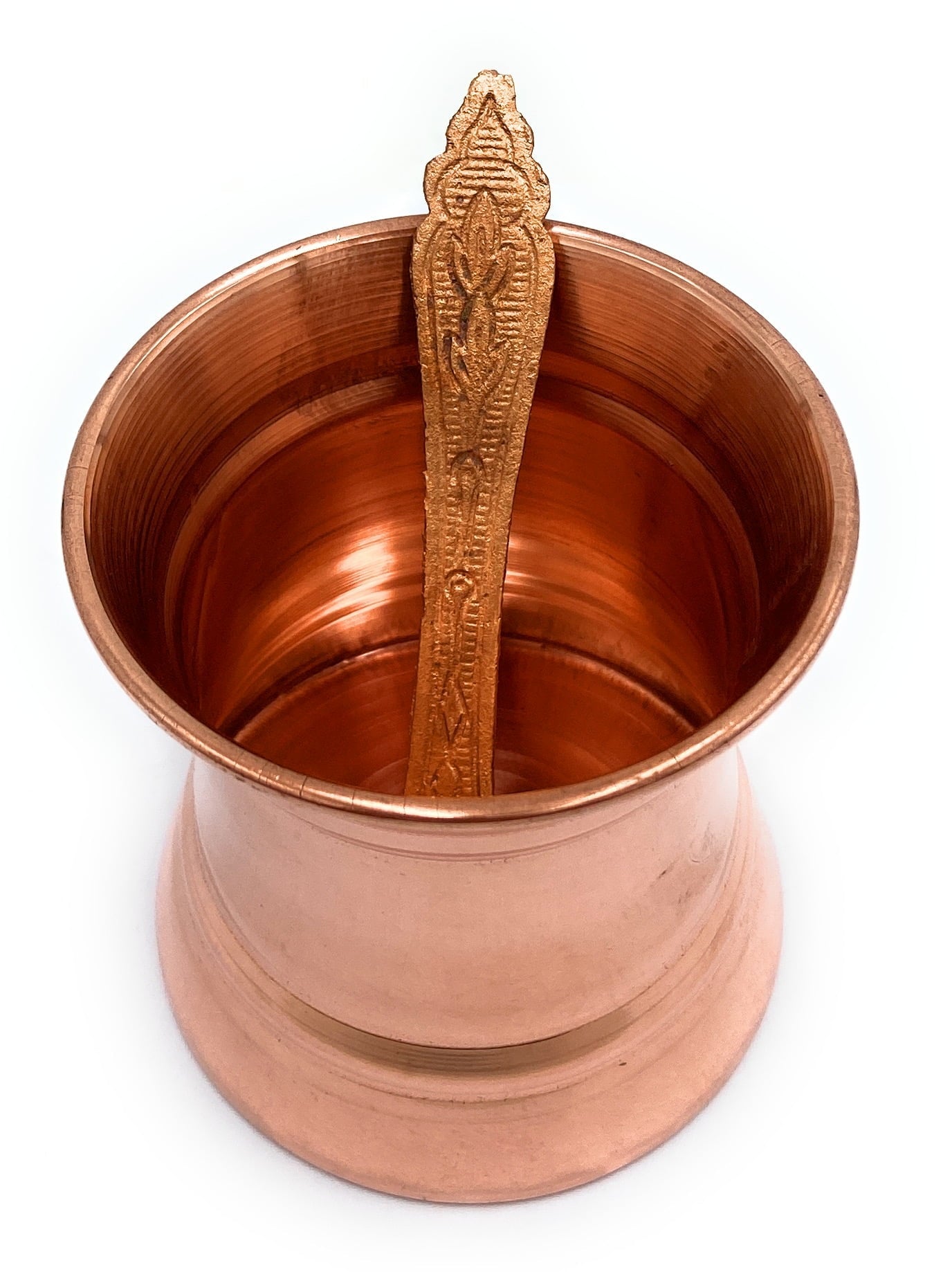 Copper Panchpatra, Tamra Panchapatram, Thamira Panchapatra Aachmani Cup, Handcrafted Tamraloha Puja Vessel for Hindu Rituals & Pooja,Gold, 3 Inch, 1 Piece