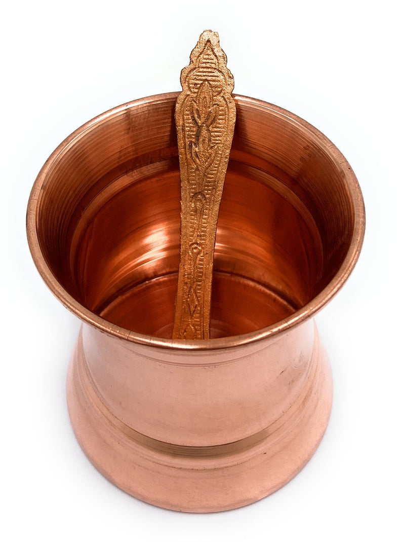 Copper Panchpatra, Tamra Panchapatram, Thamira Panchapatra Aachmani Cup, Handcrafted Tamraloha Puja Vessel for Hindu Rituals & Pooja,Gold, 3 Inch, 1 Piece