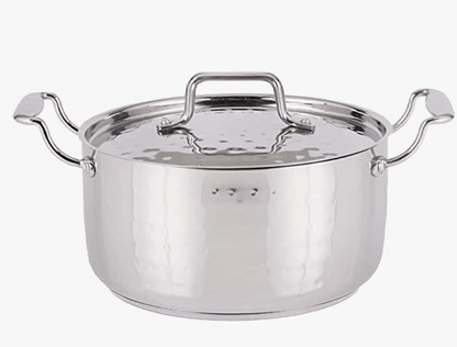 Praylady INOX 3+ Series Cooking Pot 22 cm | Hammered Cooking Pot with Lid | Cooking Kadai for Induction Base and Gas Stove | Deep Kadhai with Lid | Stainless Steel Cookware | Silver