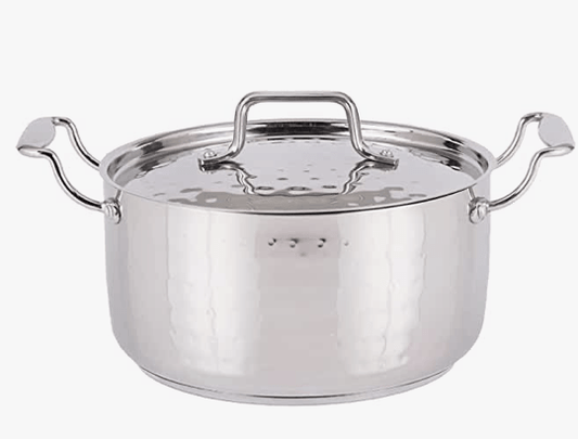 Praylady INOX 3+ Series Cooking Pot 22 cm | Hammered Cooking Pot with Lid | Cooking Kadai for Induction Base and Gas Stove | Deep Kadhai with Lid | Stainless Steel Cookware | Silver