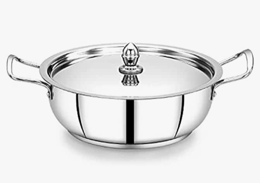 Praylady Triply Smart Series Plain Stainless Steel Kadai/Wok 2.5 Litre with Steel Lid, Silver ( Induction & Gas Compatible )