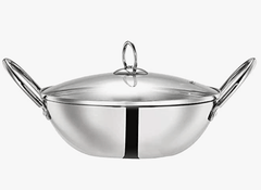 Praylady Triply Dura Plus Induction & Gas Compatible Stainless Steel Kadai/Wok with Glass Lid, 22 cm, Silver-1