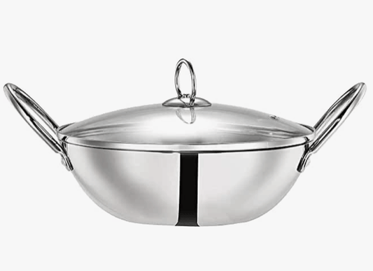 Praylady Triply Dura Plus Induction & Gas Compatible Stainless Steel Kadai/Wok with Glass Lid, 22 cm, Silver