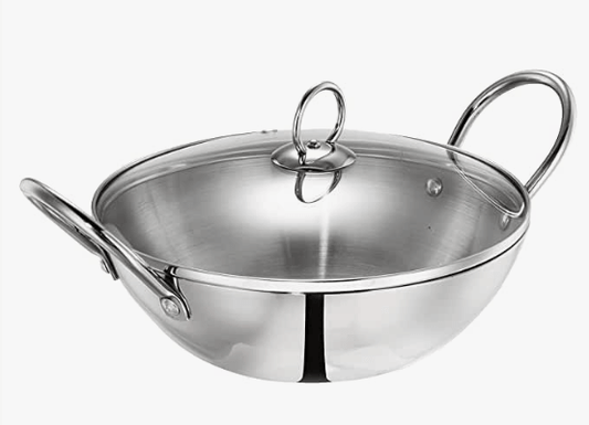 Praylady 50221 Stainless Steel Dura Kadhai with Glass Lid - 26 cm, Silver