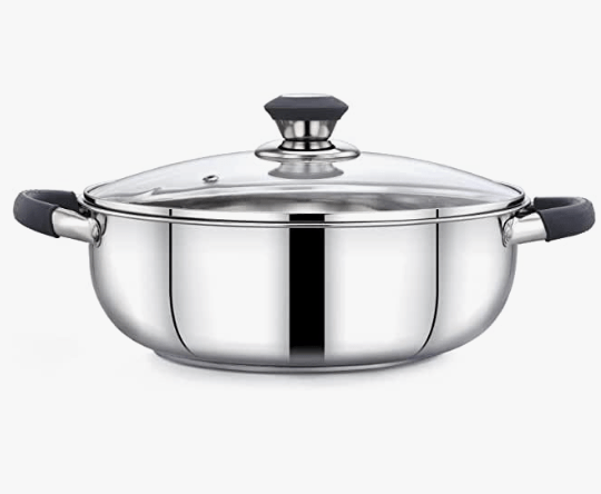 Praylady Ecstasy Series 3 Ply Base Kadai 24 cm | Stainless Steel Deep kadai with Glass Lid 3.0 L | Silver | Deep Kadai with See Through Lid | Deep Cooking |