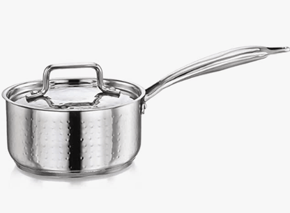Praylady INOX 3+ Series Saucepan 16 cm | Hammered Saucepan with Thick Stainless Steel Base | Sauce Pot with Stainless Steel Lid | Milk Pan with Lid | Gas and Induction Compatible | Silver