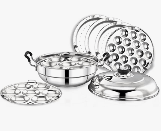 Praylady Stainless Steel Deluxe Idli Pot | Kitchen Accessories | Idli Pot with Lid | Gas and Induction Compatible Idli Pot (6 Plates)