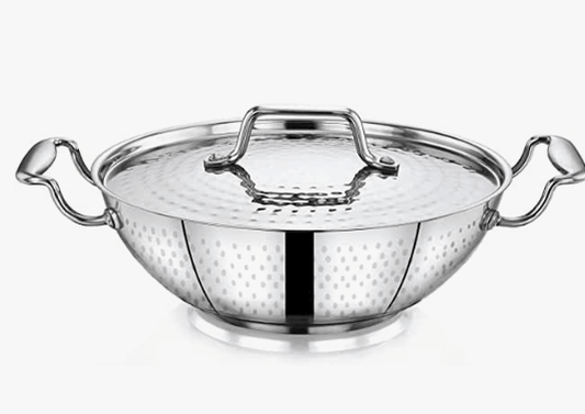 Praylady INOX 3+ Series Kadai - 26CM | 3.0 litres | Kadhai Extra Deep | Hammered Stainless Steel Kadai with SS Lid | Flat Induction Bottom Kadai | Induction & Gas Stove Friendly | Silver