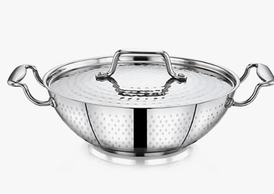 Praylady INOX 3+ Series Kadai - 26CM | 3.0 litres | Kadhai Extra Deep | Hammered Stainless Steel Kadai with SS Lid | Flat Induction Bottom Kadai | Induction & Gas Stove Friendly | Silver-1