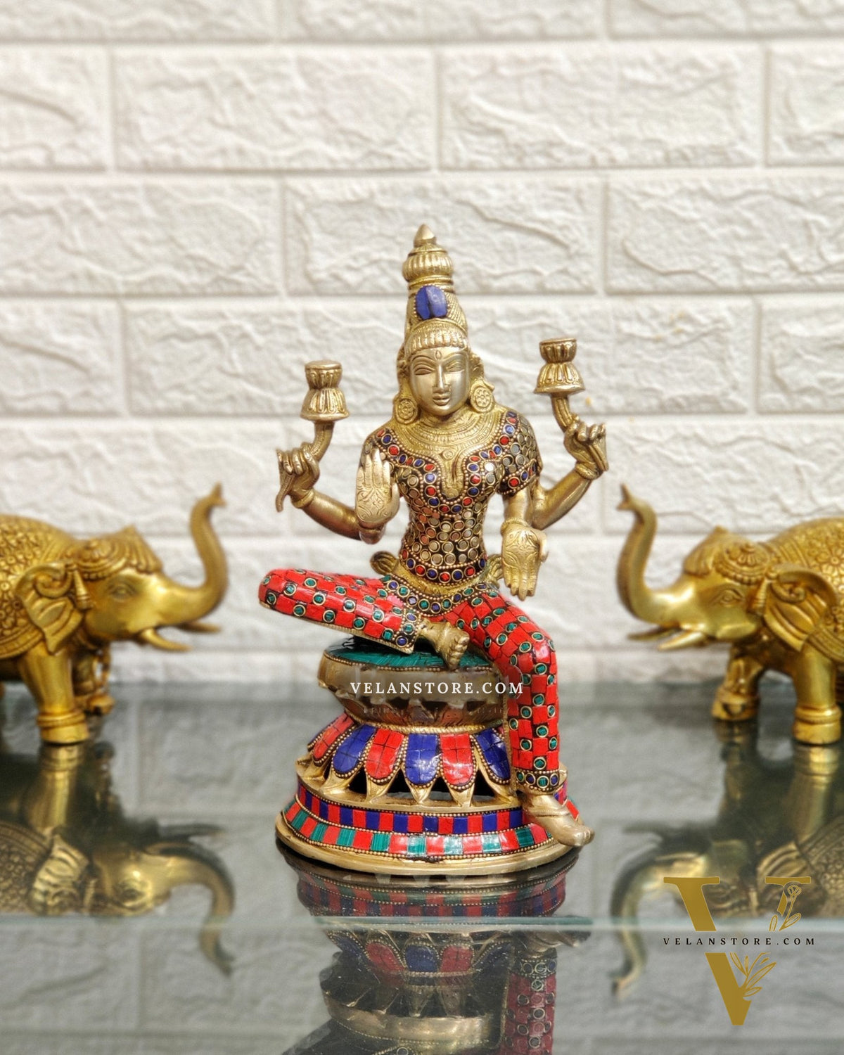 Lakshmi Brass Statue 12 inch with stonework