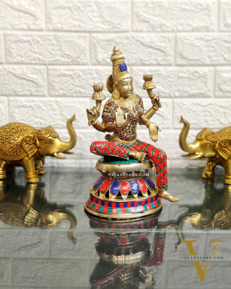 Lakshmi Brass Statue 12 inch with stonework
