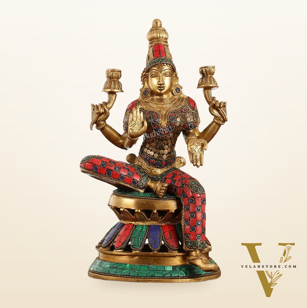 Lakshmi Brass Statue 12 inch with stonework