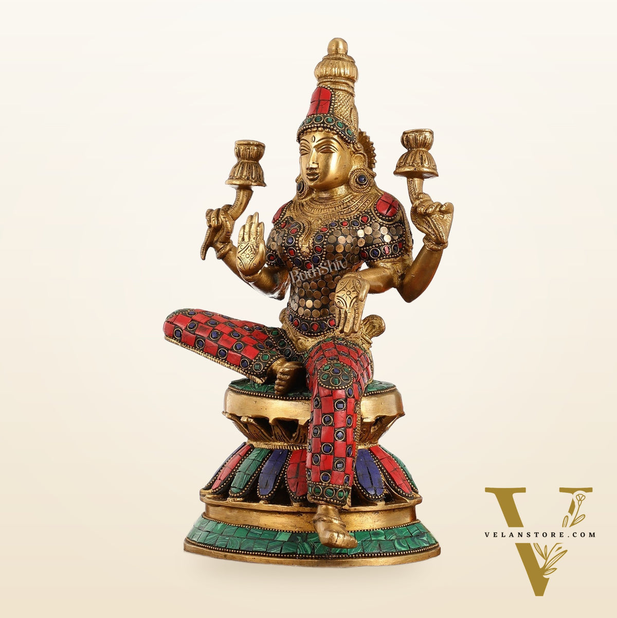 Lakshmi Brass Statue 12 inch with stonework