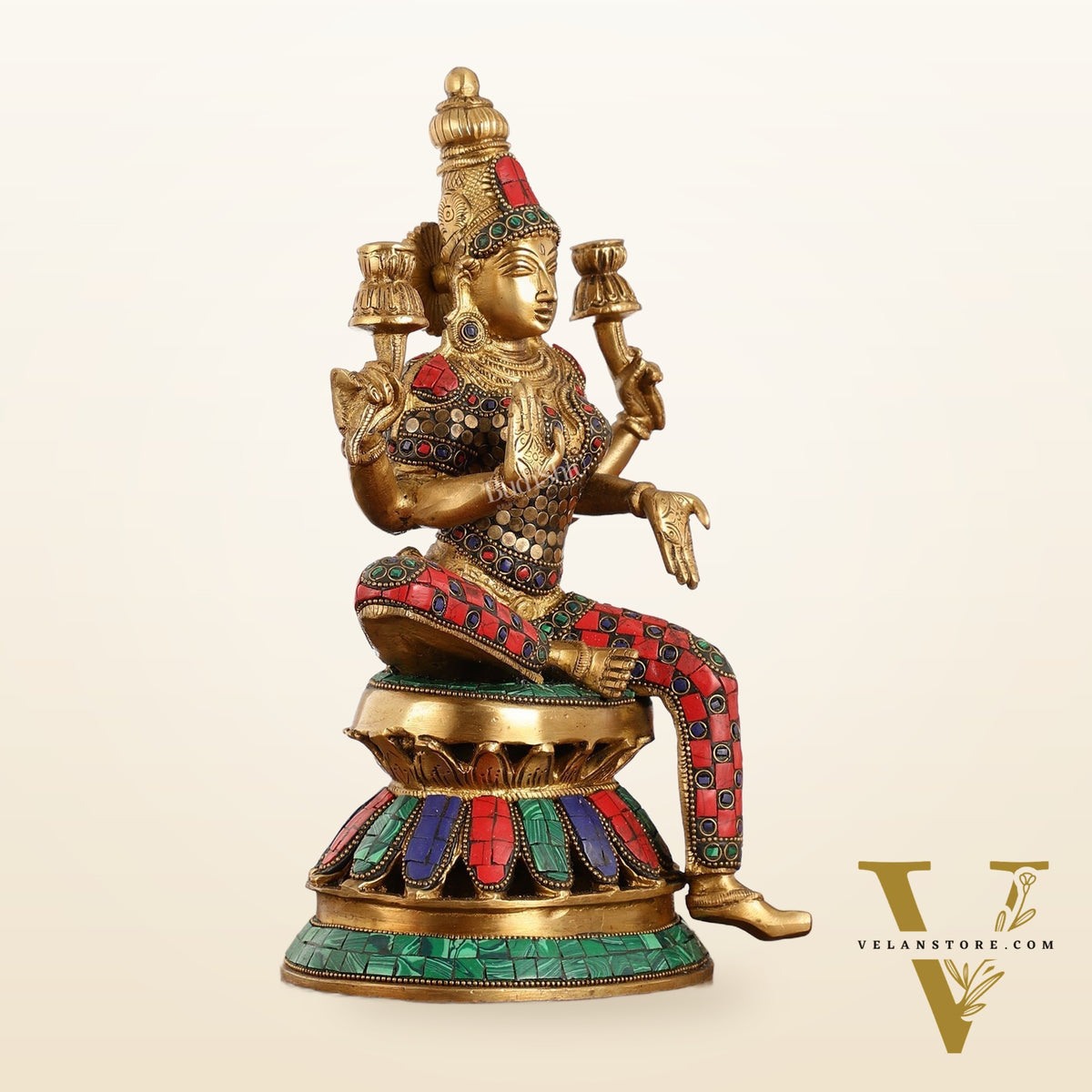 Lakshmi Brass Statue 12 inch with stonework