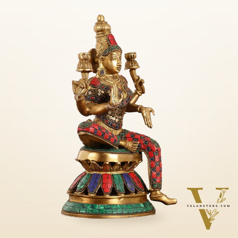 Lakshmi Brass Statue 12 inch with stonework