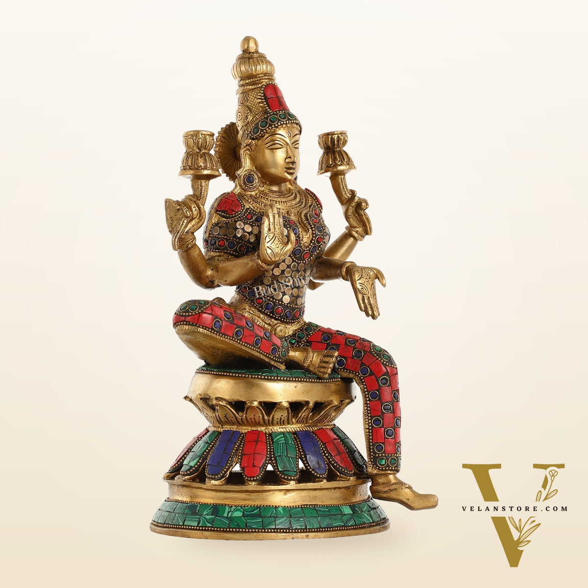 Lakshmi Brass Statue 12 inch with stonework